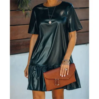 Chic Short Sleeve Faux Leather Ruffle Dress