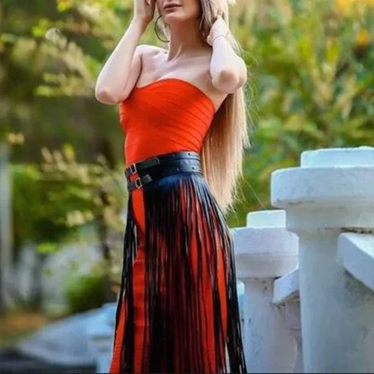 High Waist Leatherette Tassels Skirt Dress - Image 2