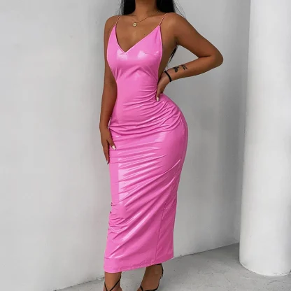 Sleek Faux Leather Maxi Deep V-Neck Dress - Image 4