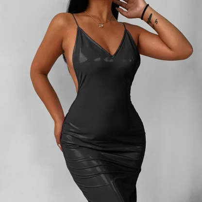 Sleek Faux Leather Maxi Deep V-Neck Dress