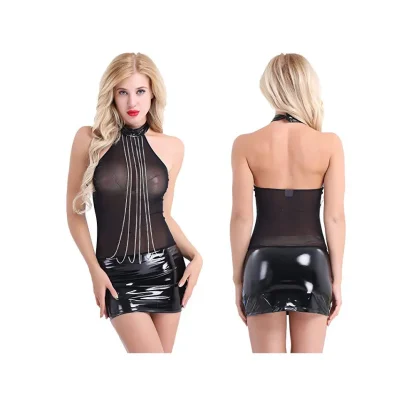 Leatherette Halter Dress Net with Chains - Image 2