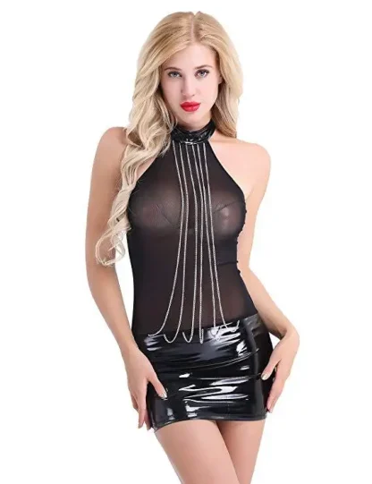 Leatherette Halter Dress Net with Chains