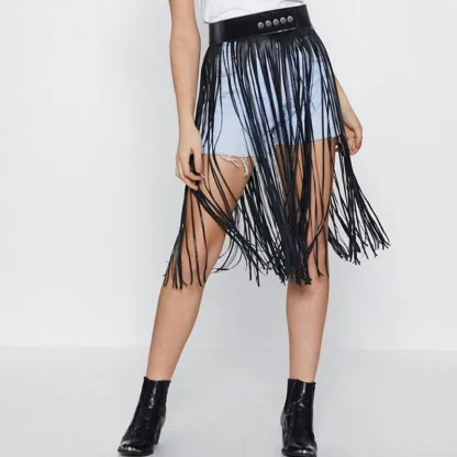 Snap Button PU Leather Tassels Skirt - Image 4