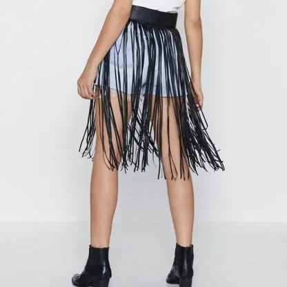 Snap Button PU Leather Tassels Skirt