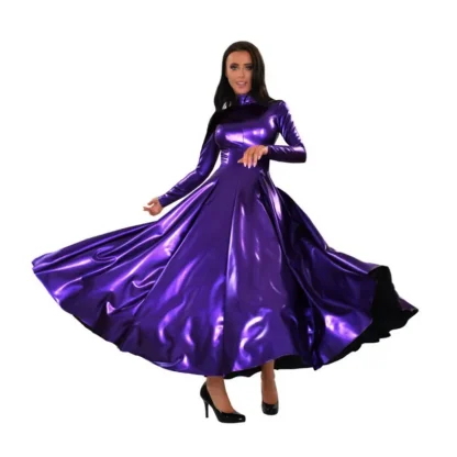 Turtleneck Faux Leather Flared Hem Maxi Dress - Image 2