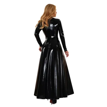 Turtleneck Faux Leather Flared Hem Maxi Dress - Image 4