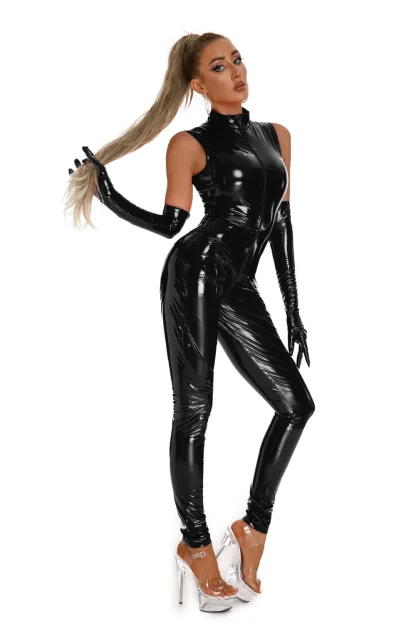 Hot Front Zipper Leather-Like Bodysuit - Image 3