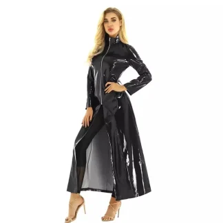 Shiny PU Leather Long One Piece Dress