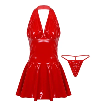 Pleated A-Line Leather-Like Party Dress - Image 2