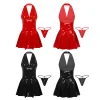 Pleated A-Line Leather-Like Party Dress - Image 3